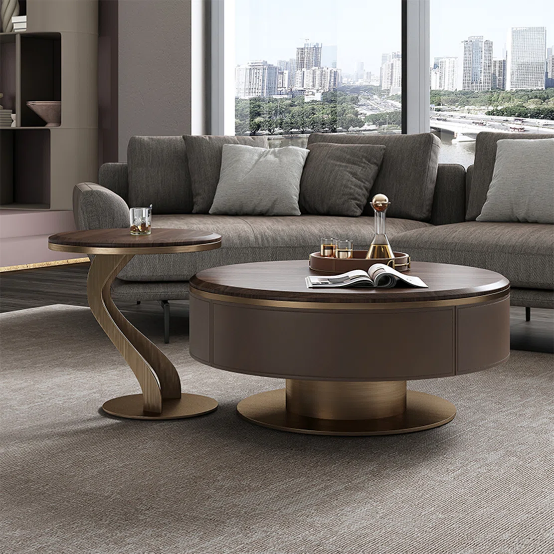 Lightluxuryroundcoffeetablehome.webp Wooden Top table combo - Image 1